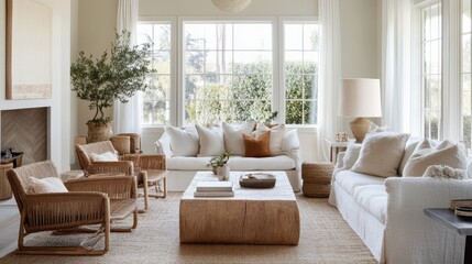 Cozy living room with natural light, neutral colors, and a minimalist design featuring comfortable furniture in a serene space