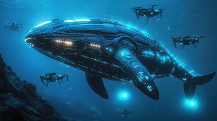 Obraz premium A futuristic robot whale swimming through the ocean, with lights along its side illuminating the deep blue water