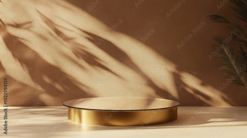Poster 3D render of an empty space on a round luxury glass table with a golden stand designed for premium product display templates The backdrop features sunlight casting shadows of foliage on a brown wa