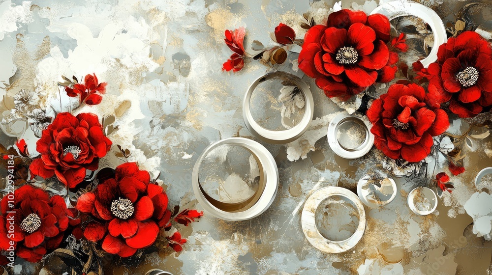Aufkleber 3d mural painting featuring a background with red flowers and white circles creating a decorative cl