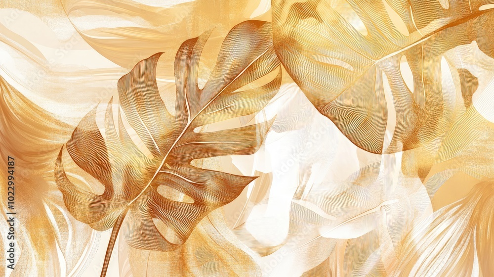 Poster Abstract artwork featuring a golden leaf background vector Design includes line art textures of monstera and jungle leaves creating an exotic botanical pattern suitable for prints and wall art