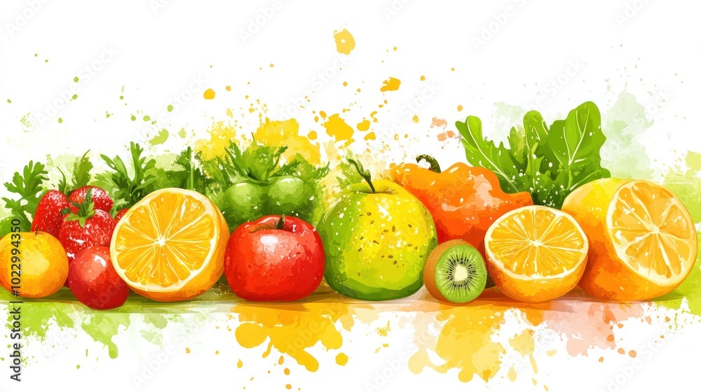 Wall mural A vibrant watercolor illustration of various fruits and vegetables with splashes of color.