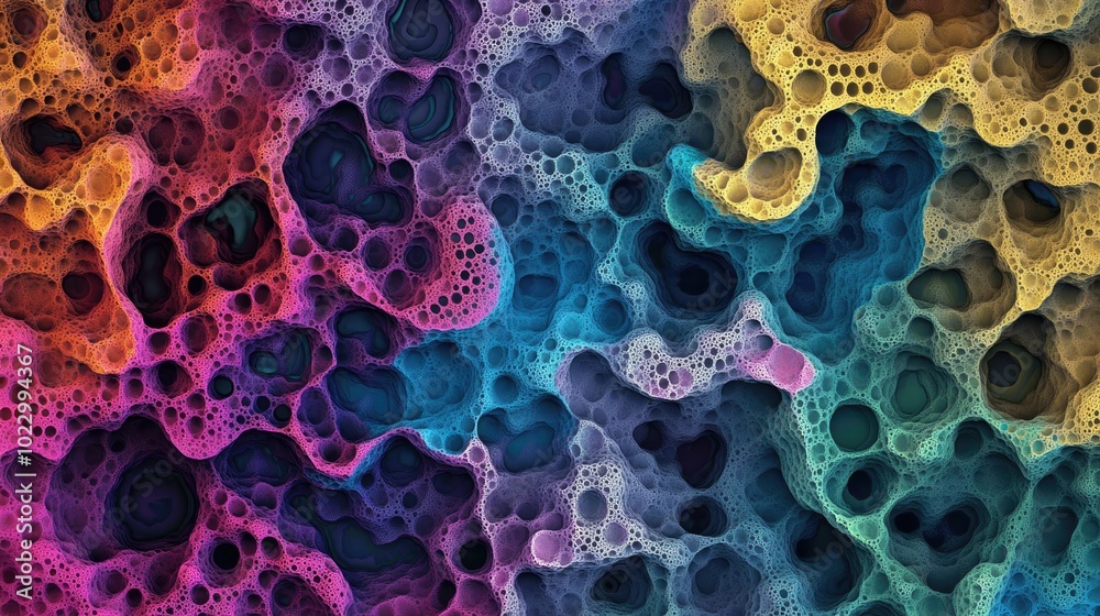Poster Colorful and chaotic abstract fractal pattern Intricate fractal shapes created through 3D rendering suitable for backgrounds or wallpapers