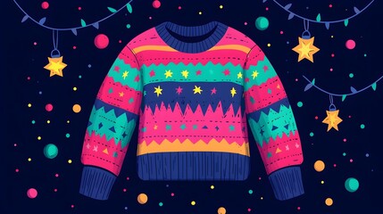A bright Christmas sweater adorned with colorful geometric patterns, stars, and floating ornaments in a solid dark background creating a festive atmosphere. Ugly Christmas sweaters Concept