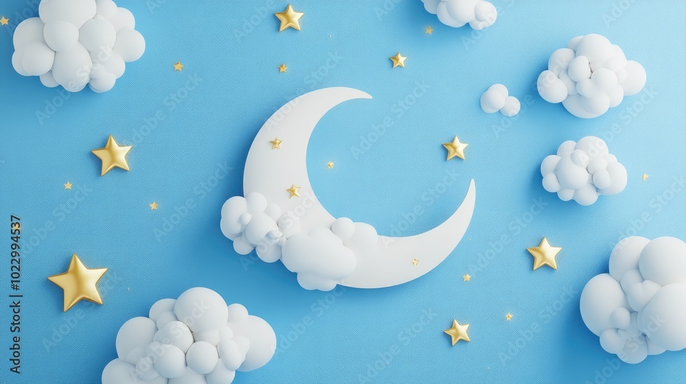 Poster 3d illustration of a crescent moon golden stars and white clouds set against a blue background ideal