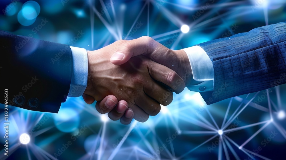 Poster two men shaking hands in front of a blue background with a lot of dots