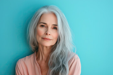 Naklejka premium Beauty portrait of an attractive mature woman against blue pastel background