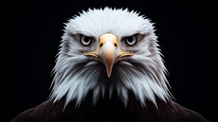 Obraz premium Close-up portrait of a bald eagle with intense gaze against a black background, showcasing detailed white feathers and sharp beak