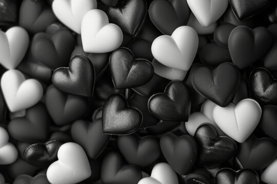 Colorful background of glittery heart shapes various colors. Valentine's Day backdrop. bright array of black and white hearts on abstract background. Festive wallpaper for birthday, wedding design.