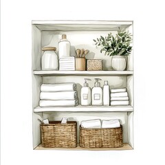 Watercolor illustration of a bathroom shelf with towels, toiletries and plants.