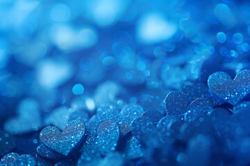 Colorful background of glittery heart shapes various colors. Valentine's Day backdrop. bright array of blue hearts on abstract background. Festive wallpaper for birthday, wedding design.