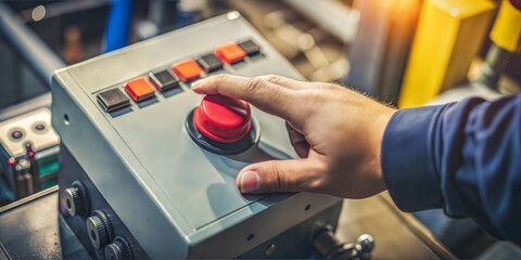 Hand pressing the red emergency stop button for industrial safety.



