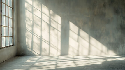 Soft morning light through an open window, casting long shadows on an empty, light-gray wall Simple lines and natural textures create a peaceful atmosphere
