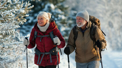 Senior couple with nordic walking poles hiking in snow-covered winter nature