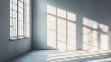 Soft morning light through an open window, casting long shadows on an empty, light-gray wall Simple lines and natural textures create a peaceful atmosphere