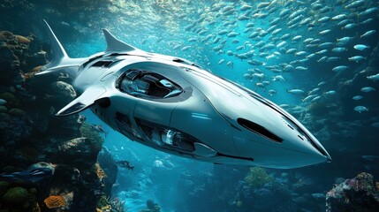 Fototapeta premium A futuristic robotic shark swimming through the ocean, with a sleek, aerodynamic design