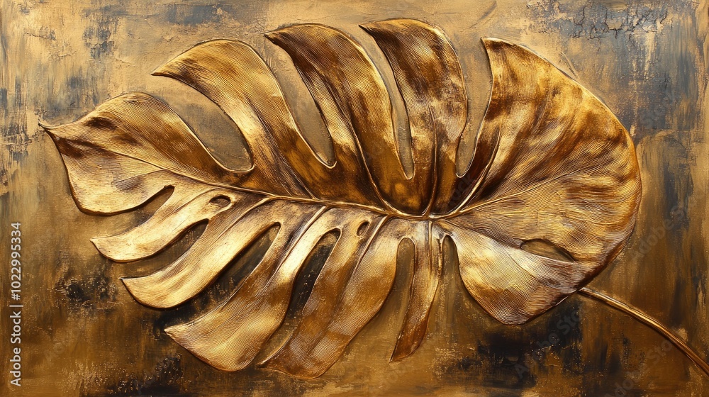 Poster a captivating artwork showcasing a prominent large golden leaf accentuating intricate details that e