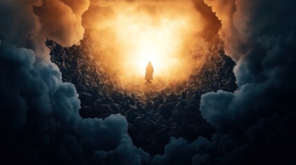 Fototapeta premium Mystical scene with a silhouetted figure in a robe standing amidst luminous clouds and a radiant sky.