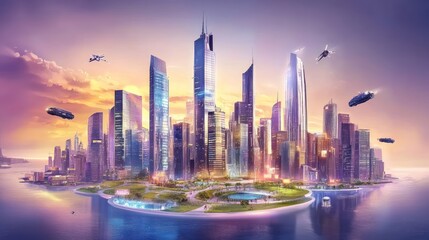 A futuristic city skyline with tall buildings, greenery, and flying vehicles at sunset.