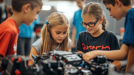 A group of kids at a robotics competition, working together to fix their robot