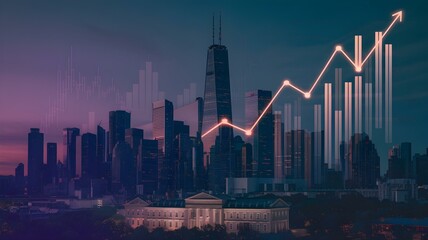 Urban Growth: A Stunning Cityscape at Dusk with a Financial Growth Trend Overlay, Symbolizing Economic Progress and Opportunity