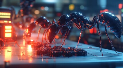 A group of robotic ants building a structure from metal pieces, their bodies glistening under laboratory lights