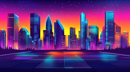 A vibrant neon cityscape at dusk, showcasing futuristic skyscrapers and a colorful sky.
