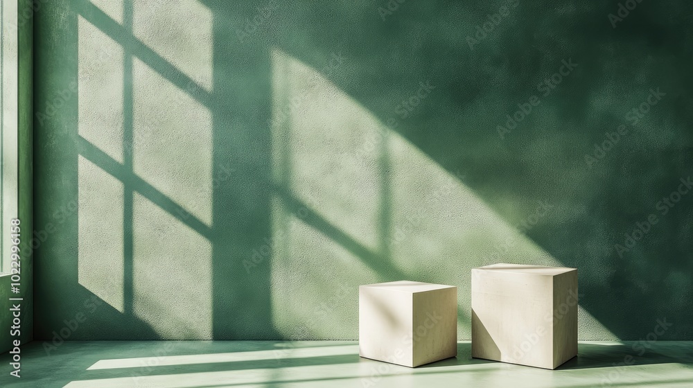 Aufkleber 3D rendered background featuring two boxes for product display on a green wall with sunlight shadows Suitable for presentations