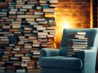 A serene and cozy reading corner featuring a comfortable blue armchair stacked with books against a backdrop of a towering wall of books illuminated by a warm light.