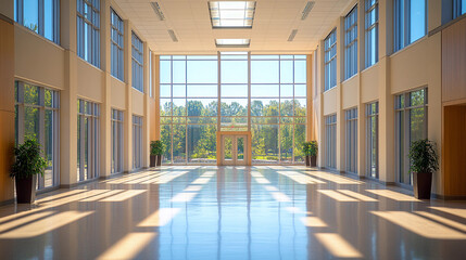 A large, empty room with a lot of windows and a skylight. The room is very bright and open, with a lot of natural light coming in