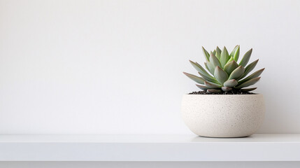 Succulent in a neutral-toned pot on a white shelf. The clean wall and absence of other objects emphasize simplicity and negative space