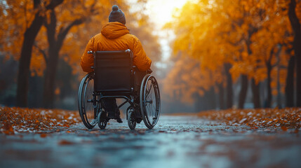A person in a wheelchair enjoying a snowy day at sunset, bathed in warm golden light