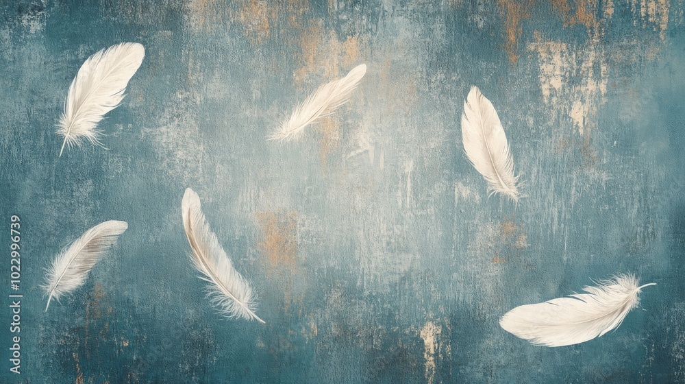 Aufkleber Abstract artwork featuring floating feathers against a textured background suitable for print wallpaper photo wallpaper or murals