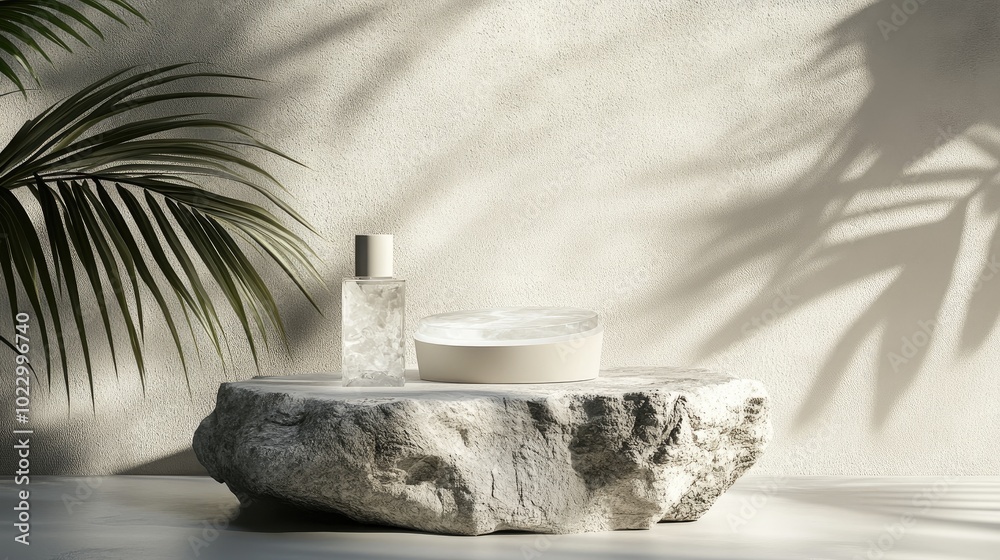 Aufkleber 3D podium designed for showcasing packaging and cosmetics The scene features a rock stand with a palm shadow creating a natural and realistic pedestal 3D rendering and illustration