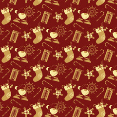 Seamless pattern with Santa Claus, Christmas stockings, holly, and red berries, Christmas concept packaging and wallpaper