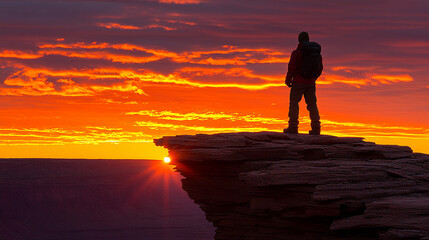 Obraz premium A man stands on a rock overlooking the ocean at sunset. The sky is filled with clouds and the sun is setting, creating a beautiful and serene atmosphere. The man is wearing a backpack