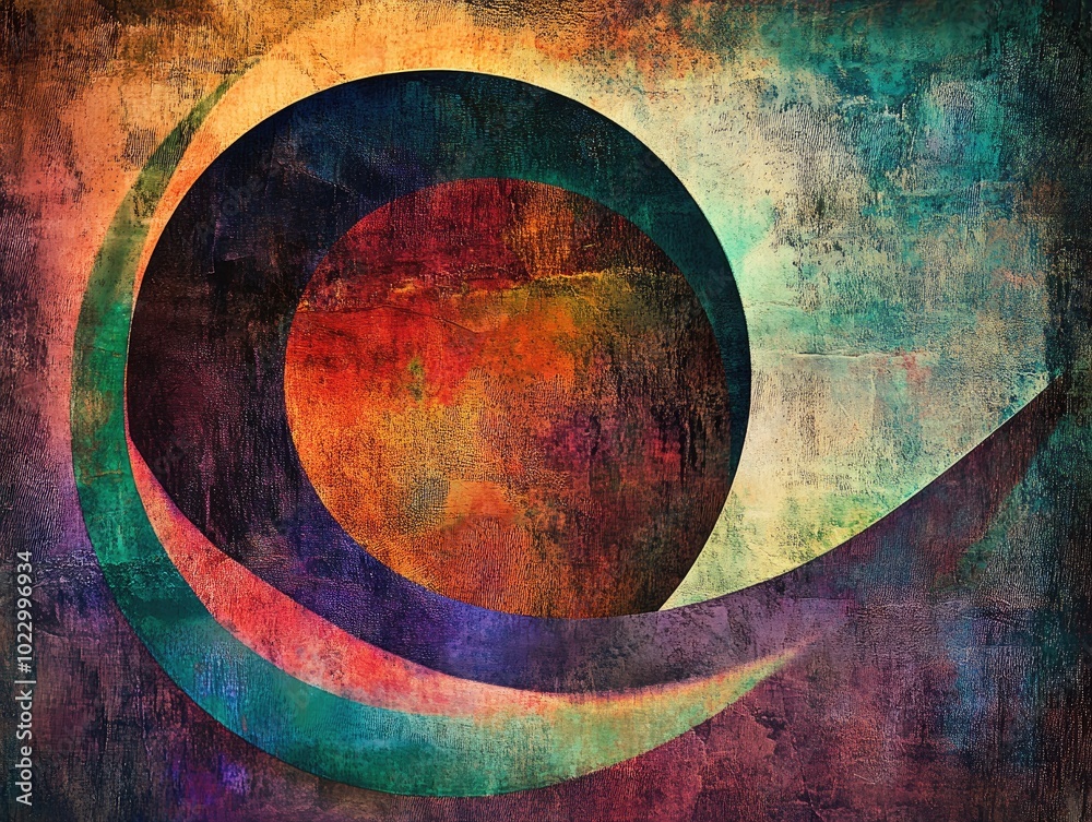 Poster Abstract circular composition with a textured background featuring a vibrant and multicolored fantasy design