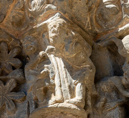 Exterior capitals of the 13th century Romanesque church of Santa María de Baldós in Montañana. Huesca, Aragon, Spain.