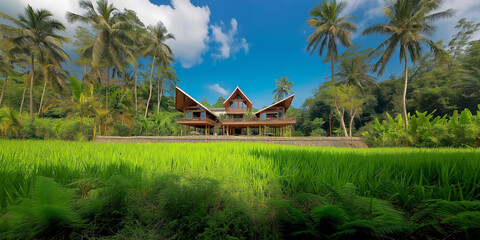 Obraz premium Traditional Wooden Thai House with Lush Green Rice Field Surrounding