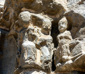 Exterior capitals of the 13th century Romanesque church of Santa María de Baldós in Montañana....