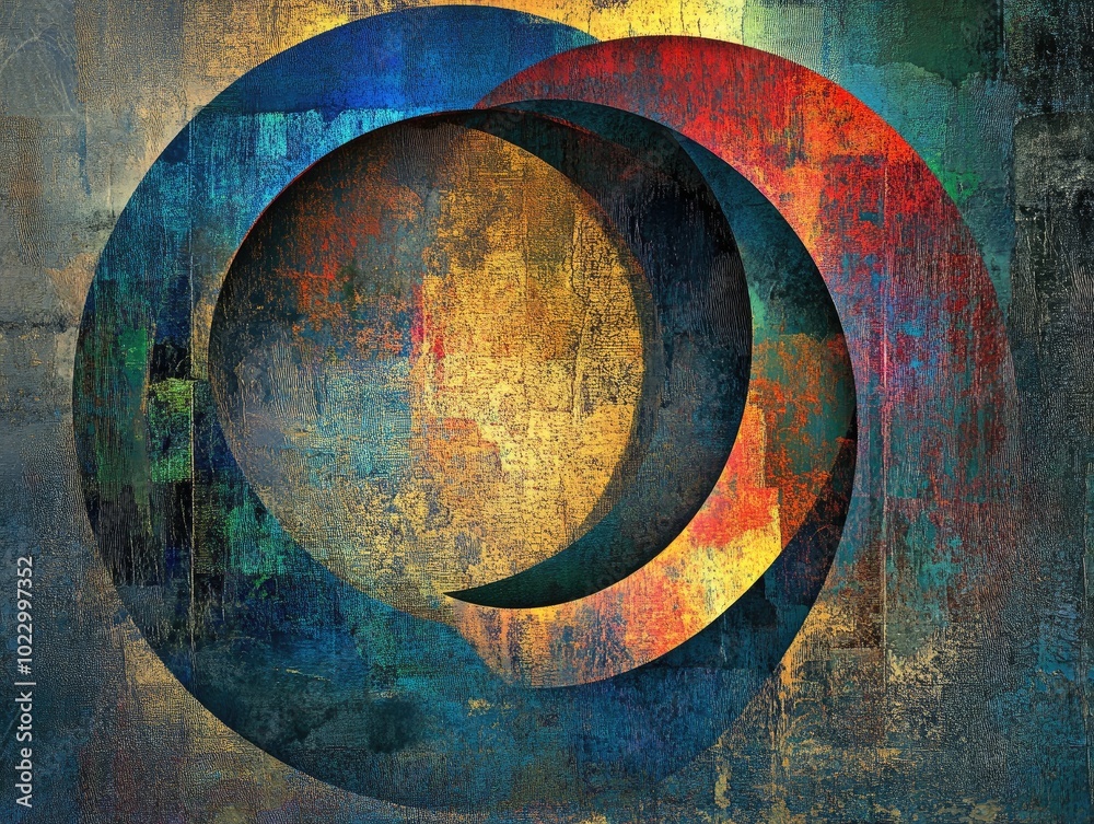 Poster Abstract circular composition with a textured background featuring a vibrant and multicolored fantasy design