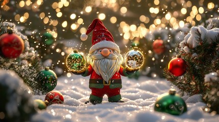 A whimsical Gnome dressing as a Santa character holding decorative orbs amidst a snowy landscape adorned with colorful Christmas ornaments during the festive season