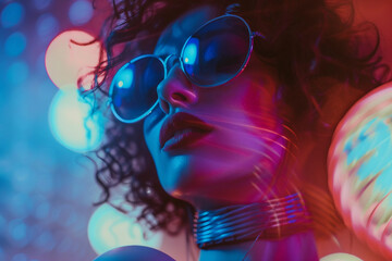 Futuristic neon photo image young people dancing nightclub nightlife pop style, Generative AI