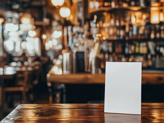 White menu mockup on bar table. Blank flyer mockup on wooden tableþ Blurred bar background