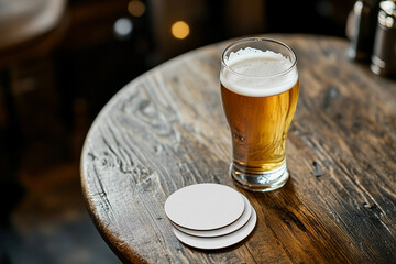 Empty beer coasters mockup on wooden table. Top view of beer coasters set. Blurred bar background.