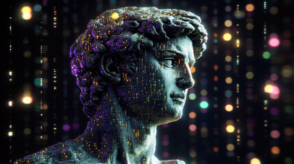 This image represents a fusion of classic artistry and modern technology, visualizing the famous David sculpture with glittery effects.