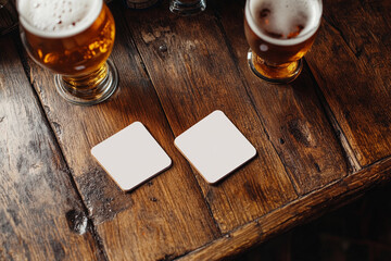 Empty beer coasters mockup on wooden table. Top view of beer coasters set. Blurred bar background.