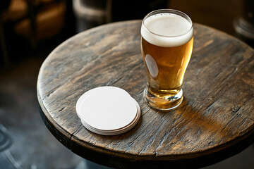 Empty beer coasters mockup on wooden table. Top view of beer coasters set. Blurred bar background.