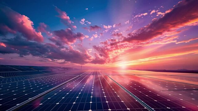 A vibrant sunset over solar panels, highlighting renewable energy and environmental beauty.