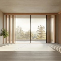 Modern minimalist room, large windows, scenic view, wooden slats, natural light, cozy atmosphere, simple decor